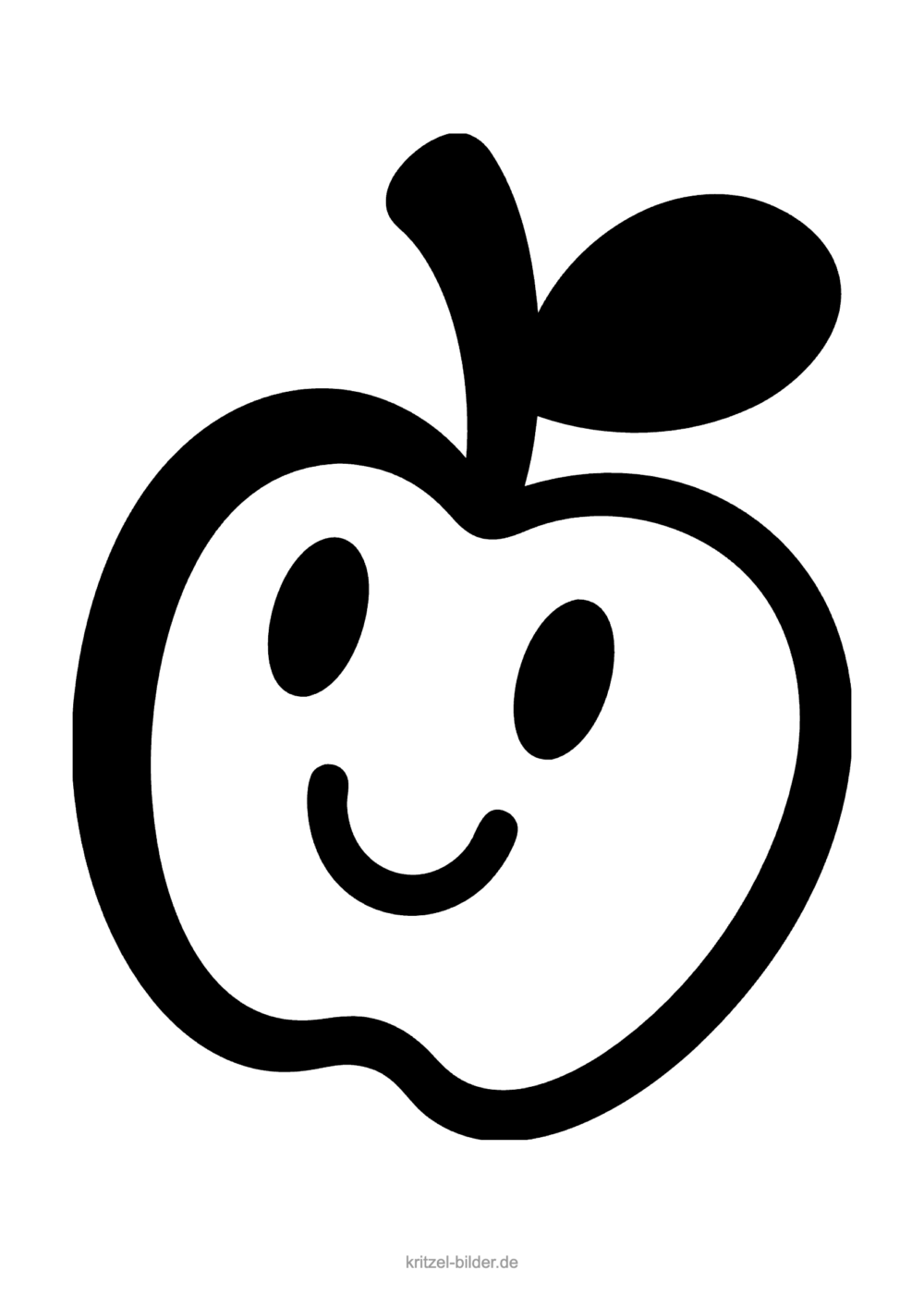 Einfaches Apfel-Ausmalbild: lachender Apfel mit Stiel und Blatt