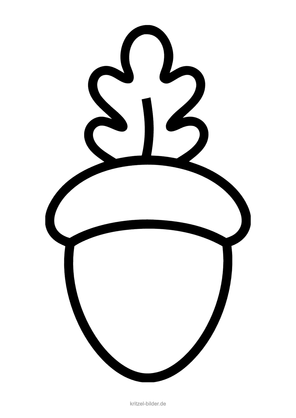 Einfaches Ausmalbild: große Eichel mit Kappe und Eichenblatt