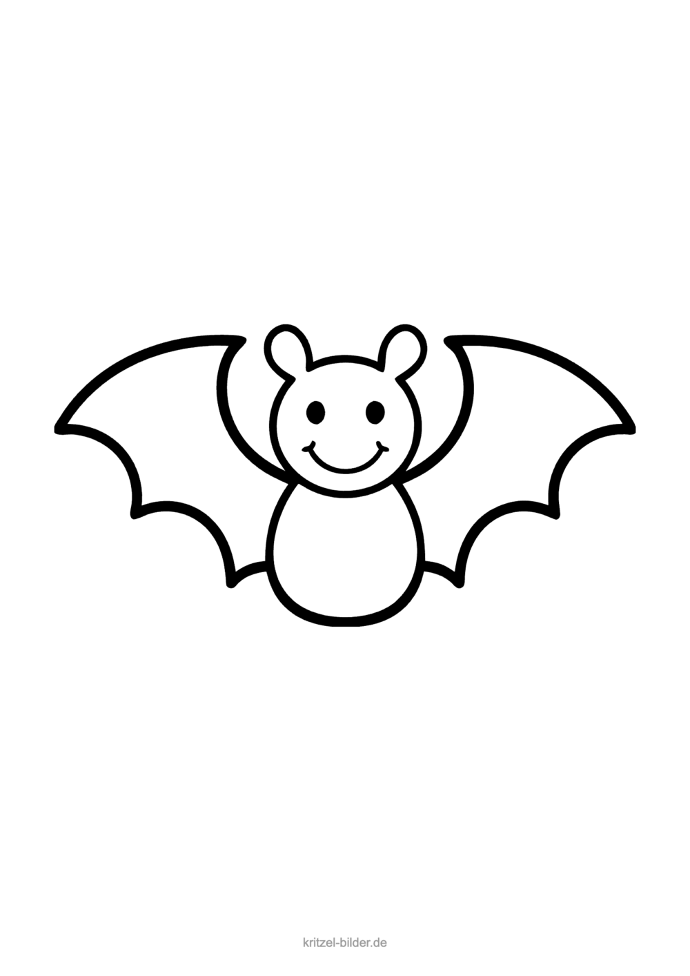 Einfaches Fledermaus-Ausmalbild: lachende Fledermaus mit ausgebreiteten Flügeln