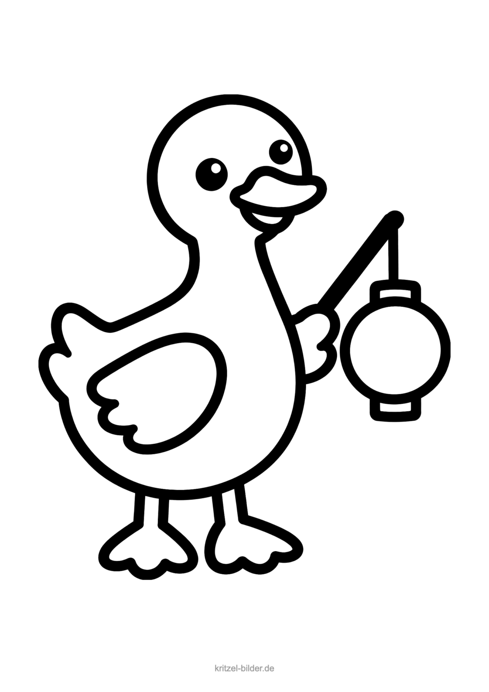Einfaches Ausmalbild: lachende Gans hält eine kleine runde Laterne an einem Stab