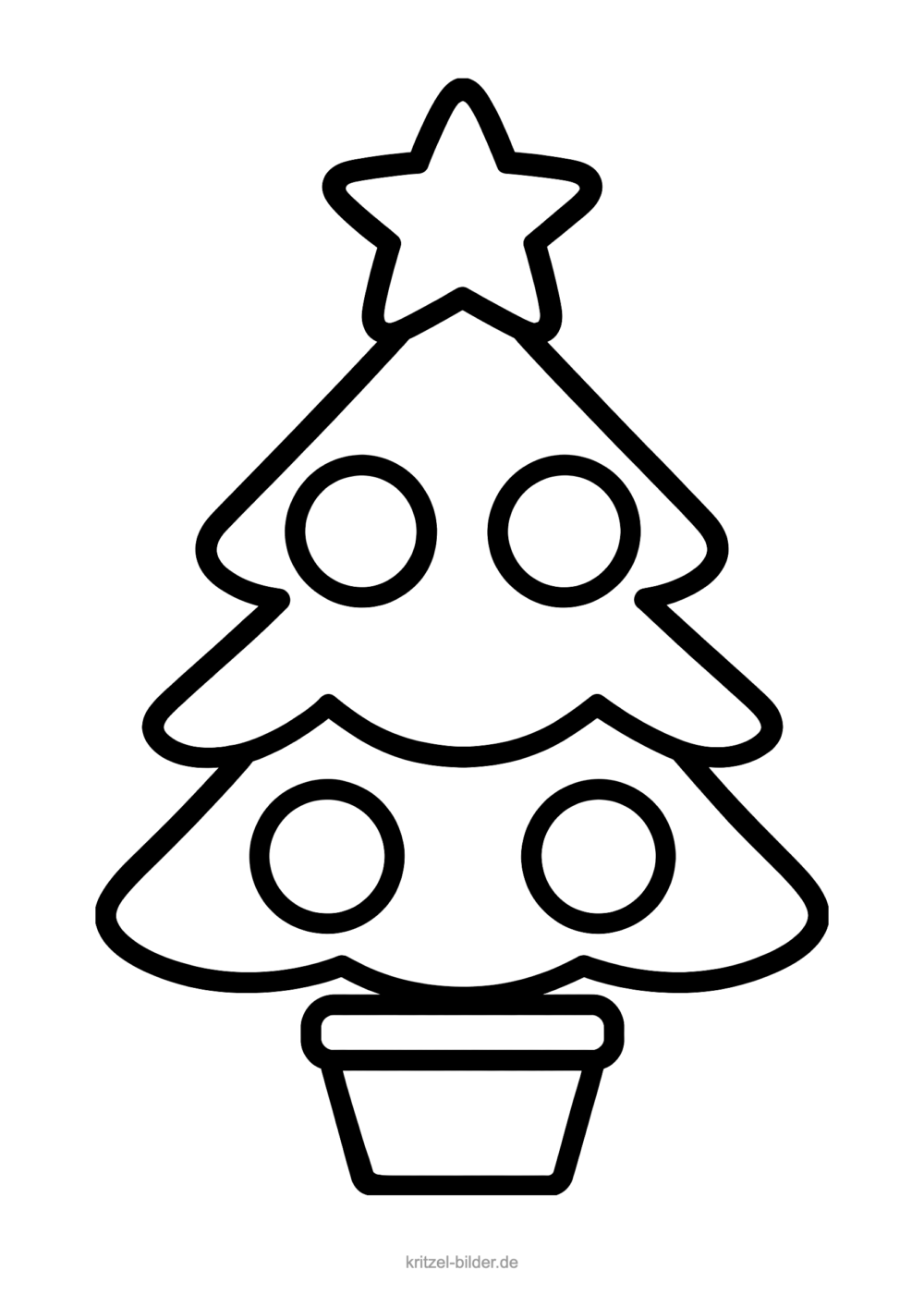 Einfaches Ausmalbild: Tannenbaum mit großem Stern und vier runden Kugeln in einem Topf